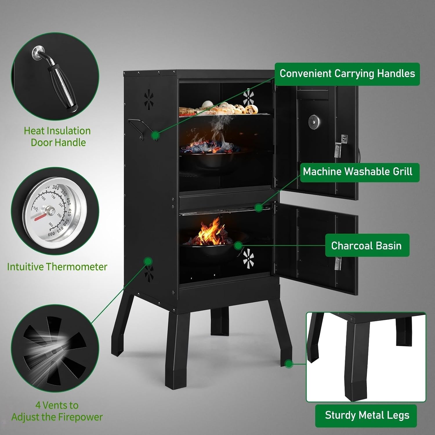 ROVSUN 2-in-1 Outdoor Smoker with Double Doors, Vertical Portable Charcoal Grill with Two Detachable Grill Smoking Racks and Charcoal Pan, Perfect for Camping Barbecue, Black