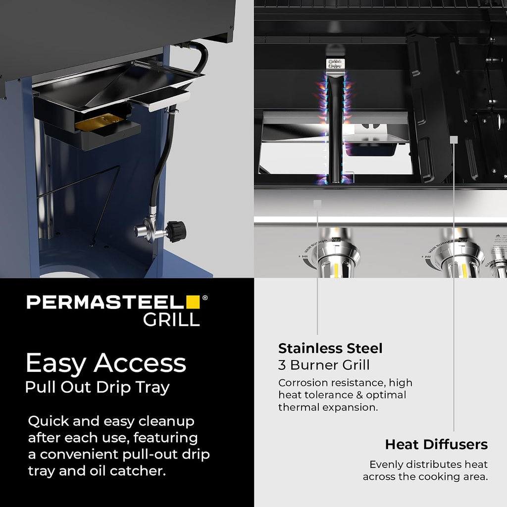 Permasteel 3-Burner Propane Gas Grill, 30,000 BTUs BBQ Grill with Cast Iron Grates, Foldable Side Tables & Tool Hooks, Outdoor Grill, Azure