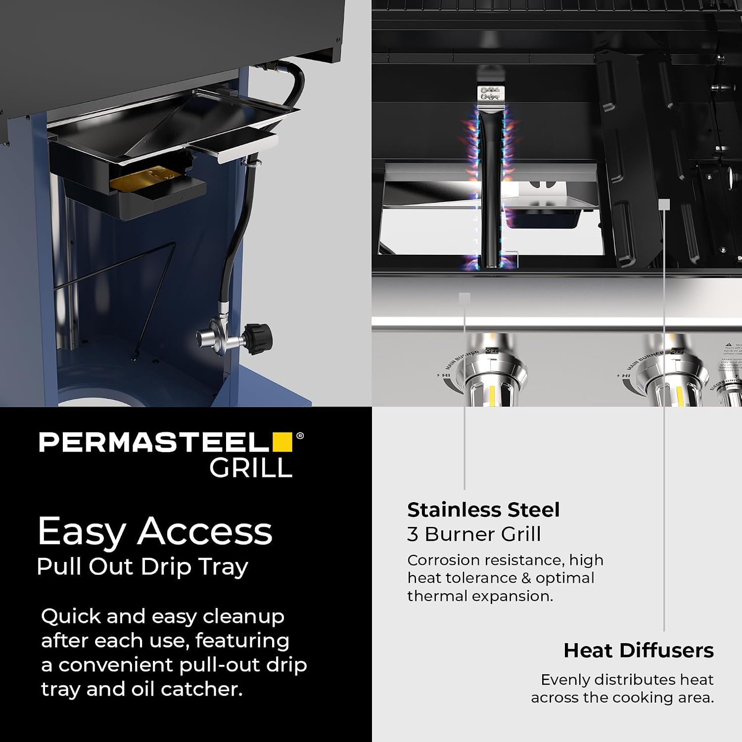 Permasteel 3-Burner Propane Gas Grill, 30,000 BTUs BBQ Grill with Cast Iron Grates, Foldable Side Tables & Tool Hooks, Outdoor Grill, Azure