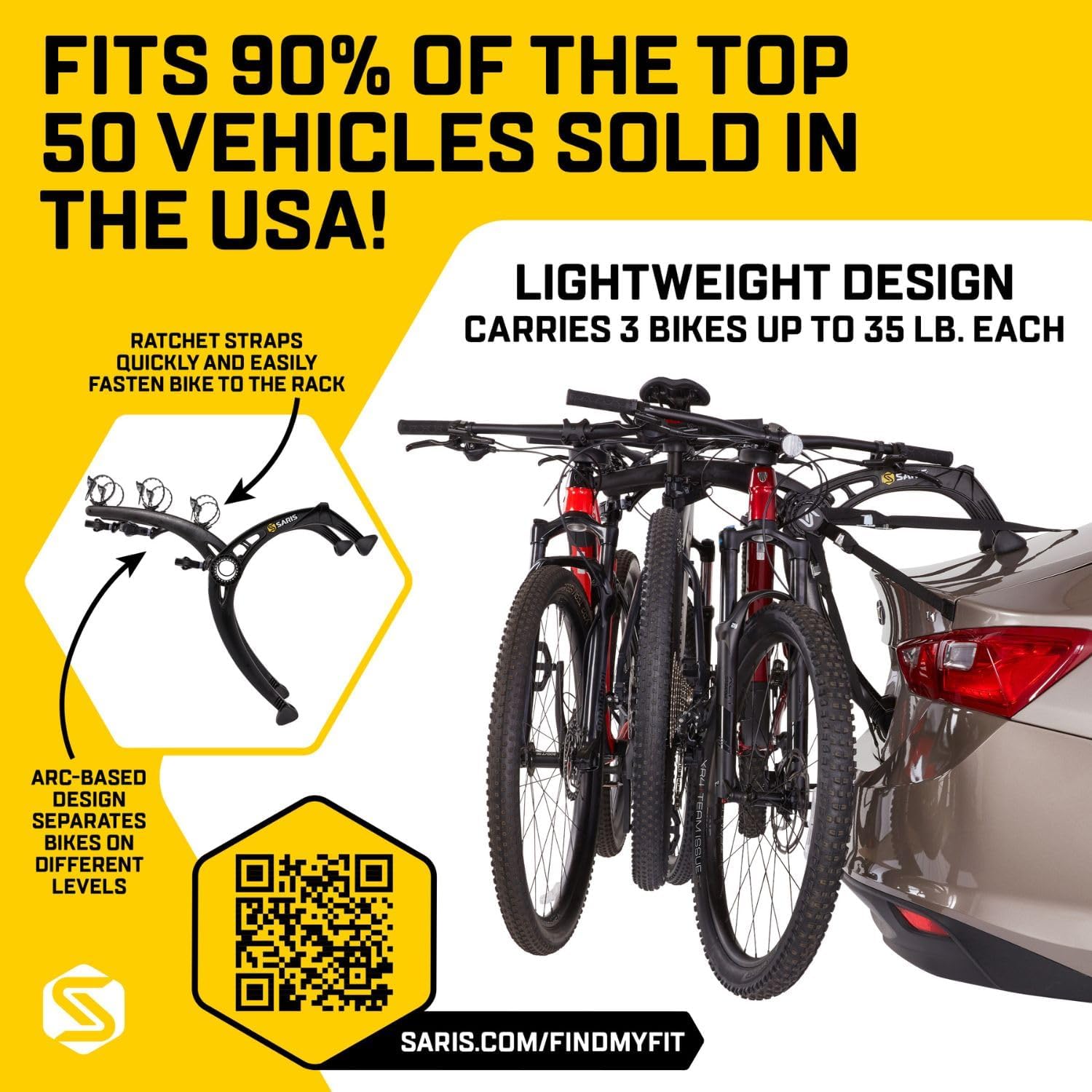 Saris Bones EX 3-Bike Trunk Rack Bicycle Carrier, Durable, Rust-Free, Anti-Sway Straps, Fits Most Vehicles, Made in USA, Arc-Based Design, 100% Recyclable Materials