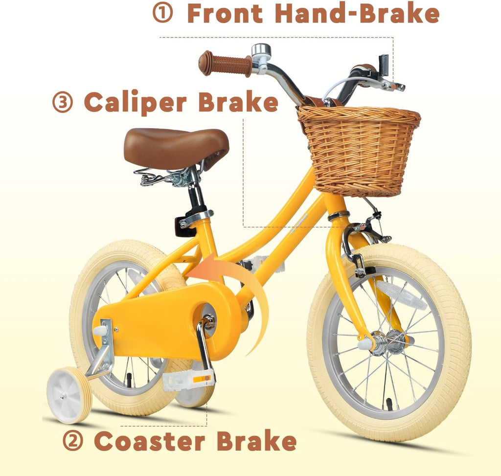Petimini Vintage Kids Bike for Girls, 12–20 Inch Classic Bicycle with Wicker Basket & Bell, High Tensile Steel Frame, Training Wheels (12–18'), 85% Pre-Assembled, Retro Bike for Outdoor Riding