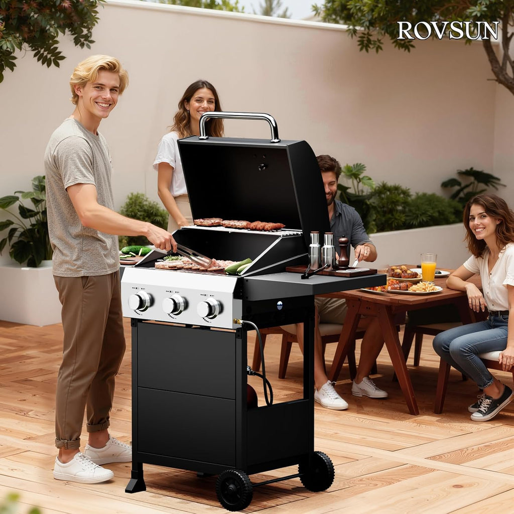 ROVSUN 3 Burner Propane Gas Grill with Foldable Side Shelves, 36000BTU BBQ Grills with Enameled Cast Iron Grates, Cabinet & Poratable Rolling Wheels for Outdoor Garden Patio Backyard Barbecue Cooking