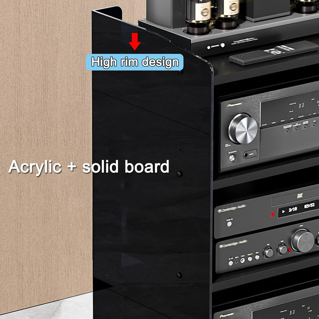 Acrylic Media Stand, Audio Rack Shelf, Stereo Cabinet with Adjustable Shelves, High Border Media Storage Cabinet, Audio Component Rack Tower Media Stereo Stand Equipment Shelves(Clear+Log,4-