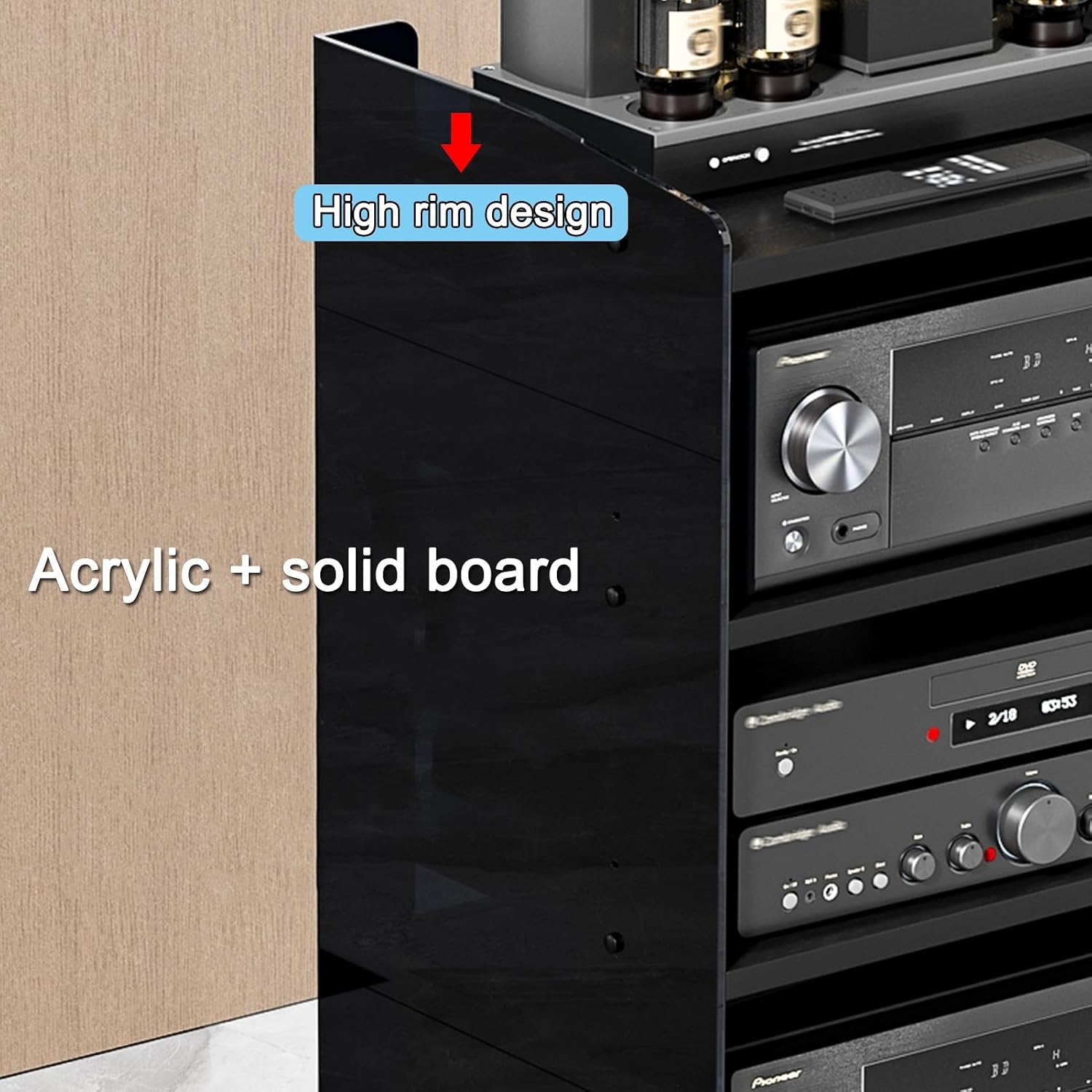 Acrylic Media Stand, Audio Rack Shelf, Stereo Cabinet with Adjustable Shelves, High Border Media Storage Cabinet, Audio Component Rack Tower Media Stereo Stand Equipment Shelves(Clear+Log,4-