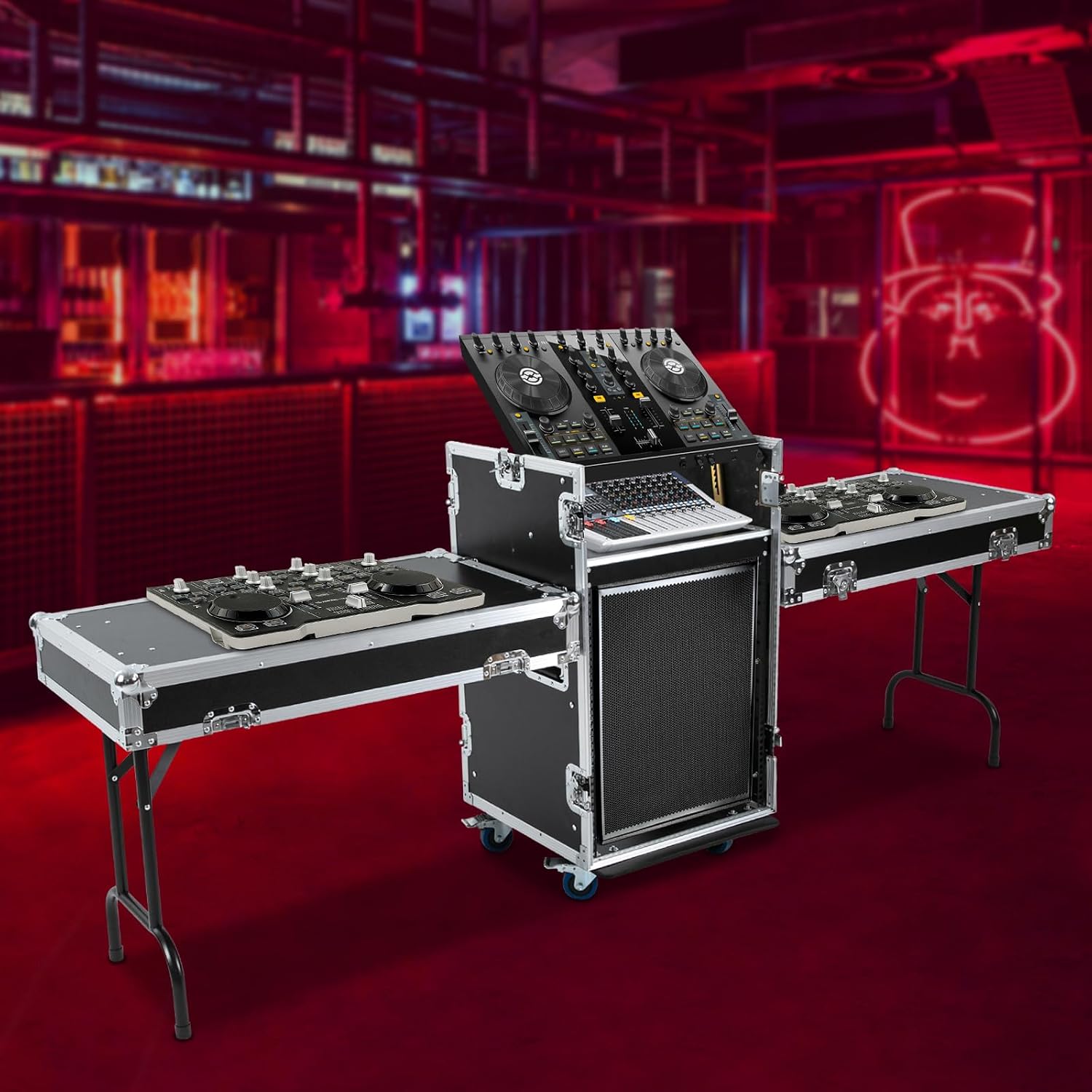 14U PA DJ Rack,Heavy Duty Mobile Studio Equipment Cabinet with 4 Wheels,2 DJ Work Tables,661.39 Capacity,for Dj/Pro Audio/Network Gear Storage