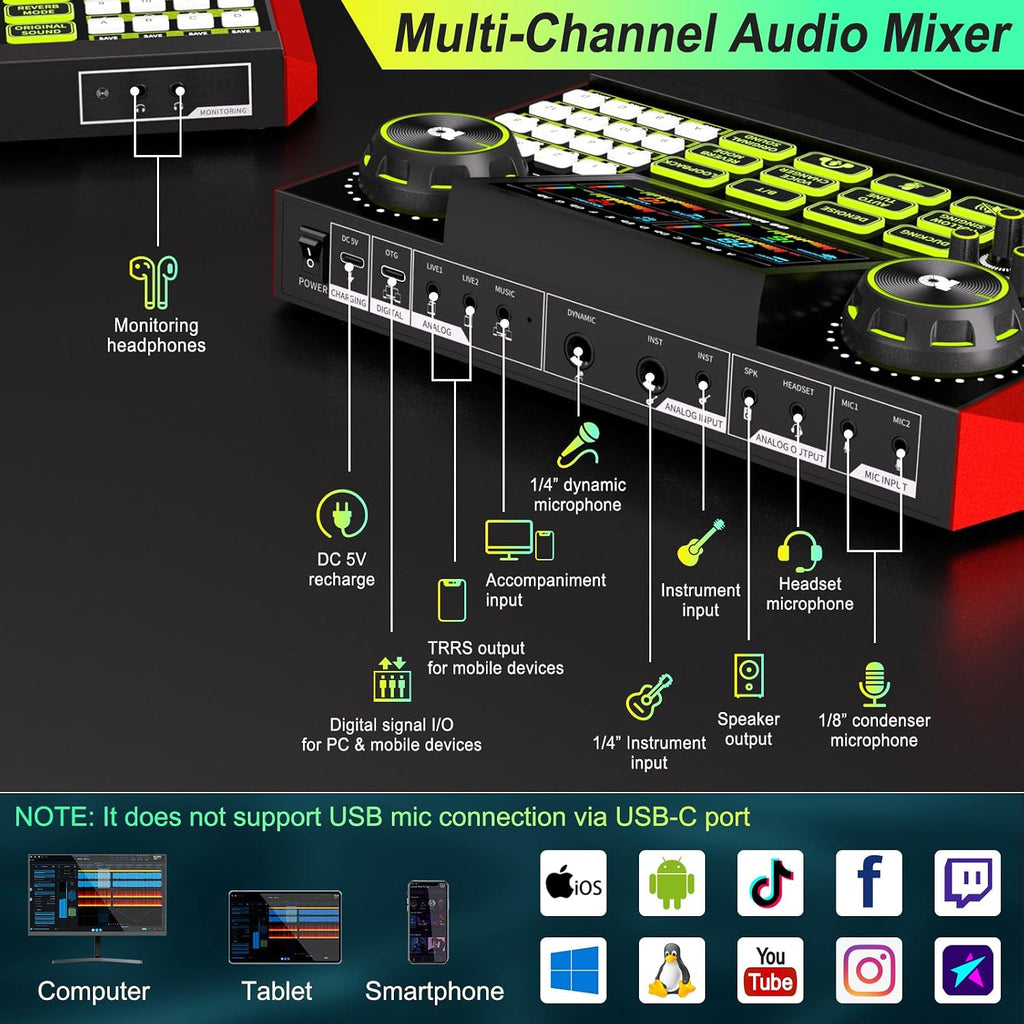 Podcast Microphone Bundle with Live Sound Card Audio Mixer, Podcast Equipment Bundle with 3.5mm Condenser Microphone for Pc/Phone Live Streaming Singing Gaming, Sound Board with Voice Changer, Denoise