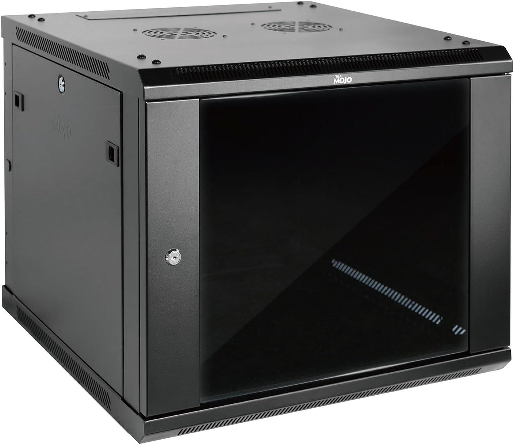 Tecmojo Elite Collection 9U Wall Mount Server Cabinet IT Network Rack Enclosure Lockable Glass Door and Side Panels, with 2 Cooling Fans,17.7inch Depth, Hold up to 176Lbs,Black