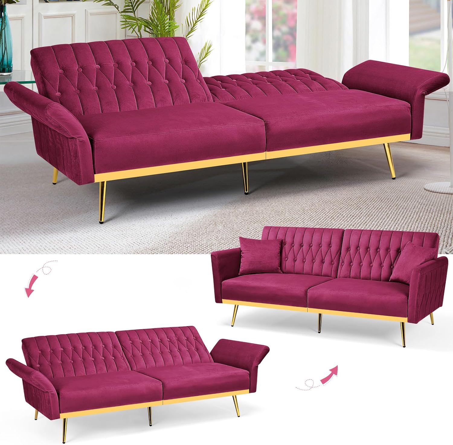 70' Velvet Futon Sofa Bed with 2 Pillows and Adjustable Armrests, Convertible Sleeper Bed W/Adjustable Backrests, Modern Loveseat for Living Room, Bedroom, Fuchsia
