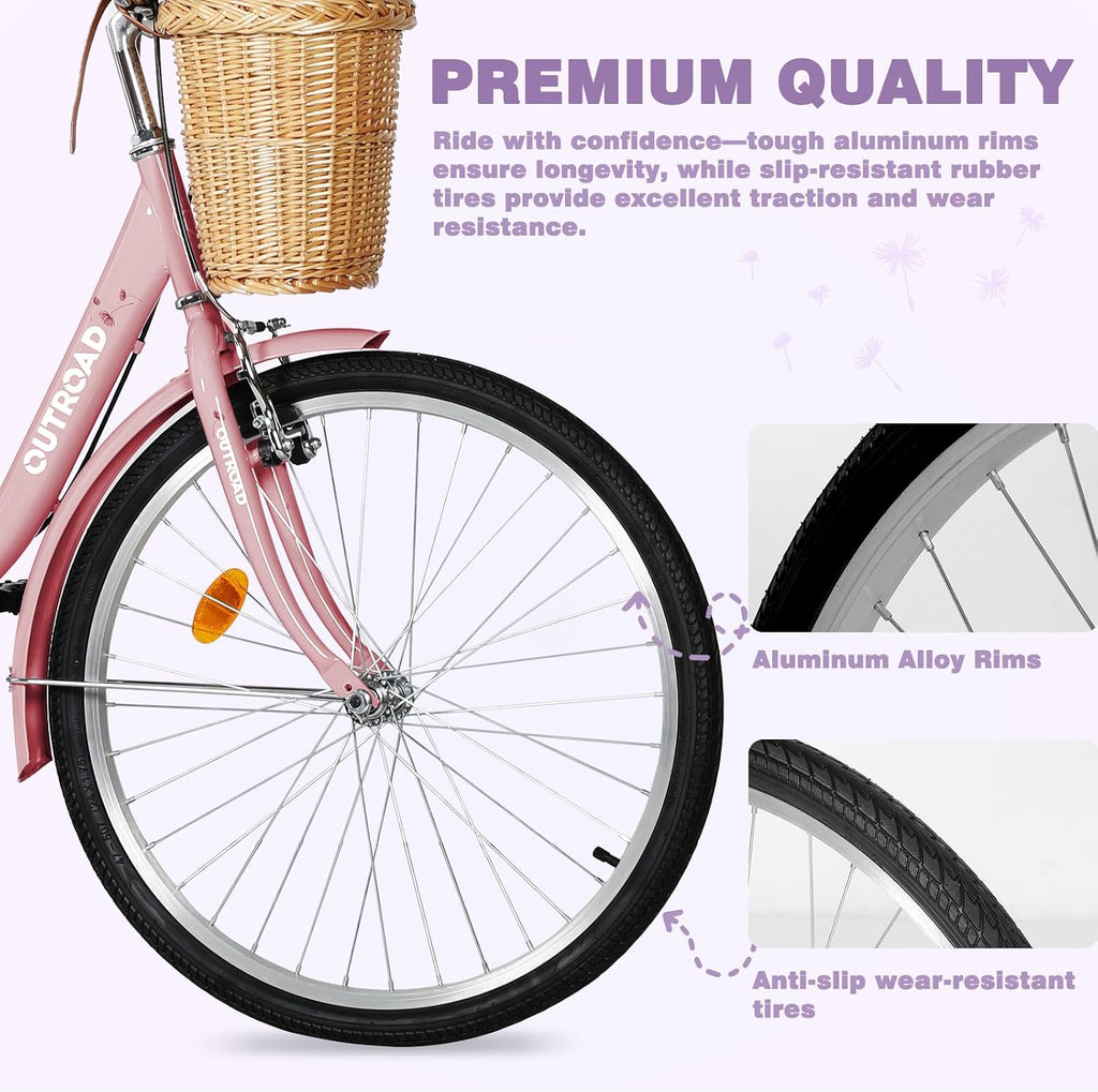 Max4out Women Bike Beach Cruiser Bike for Adult, 24 & 26 Inch Comfort Bikes with Rattan Front Basket, Womens Bicycle with Adjustable Seat and Dual V-Brake (Pink & White & Green & Purple & Black)