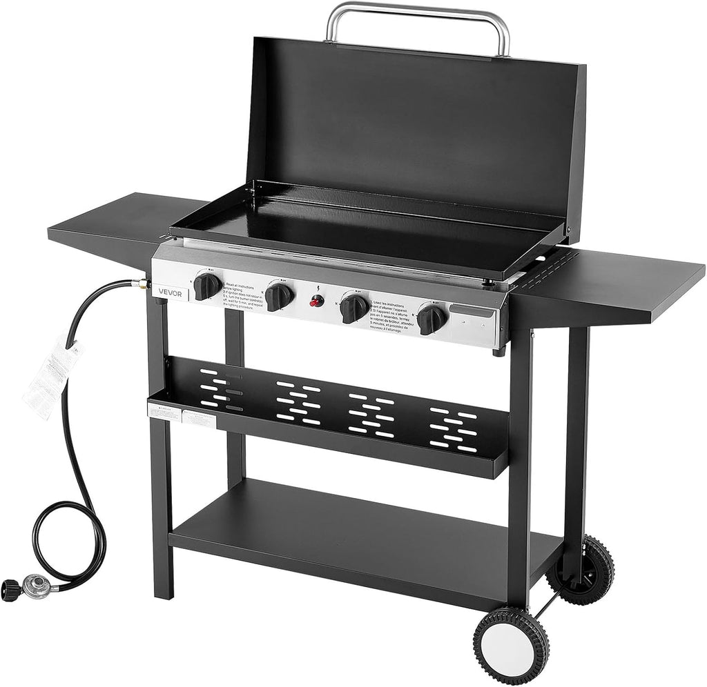 VEVOR Gas Griddle, 4-Burner Flat Top Grill, 29 inch Grill Plate Propane Griddle with Wheels, Lid, 28000 BTU Outdoor Flat Top Grills for Pan-Frying, Grilling, Stir-Frying, & BBQ, Pulse Ignition
