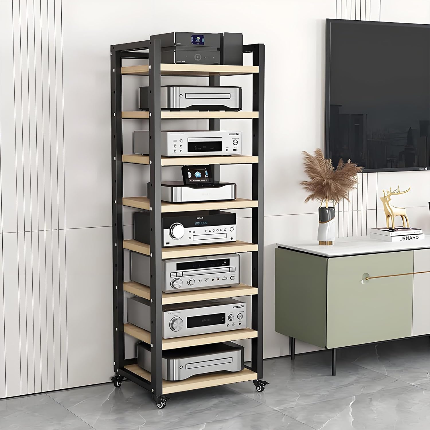 AV Media Stand, 7/8-Tier Corner TV Stand with Height Adjustable Wooden Shelves, Audio Component Rack, Media Audio Tower Cabinet, Stereo Cabinet for Living Room, Gaming Room, Music Studio