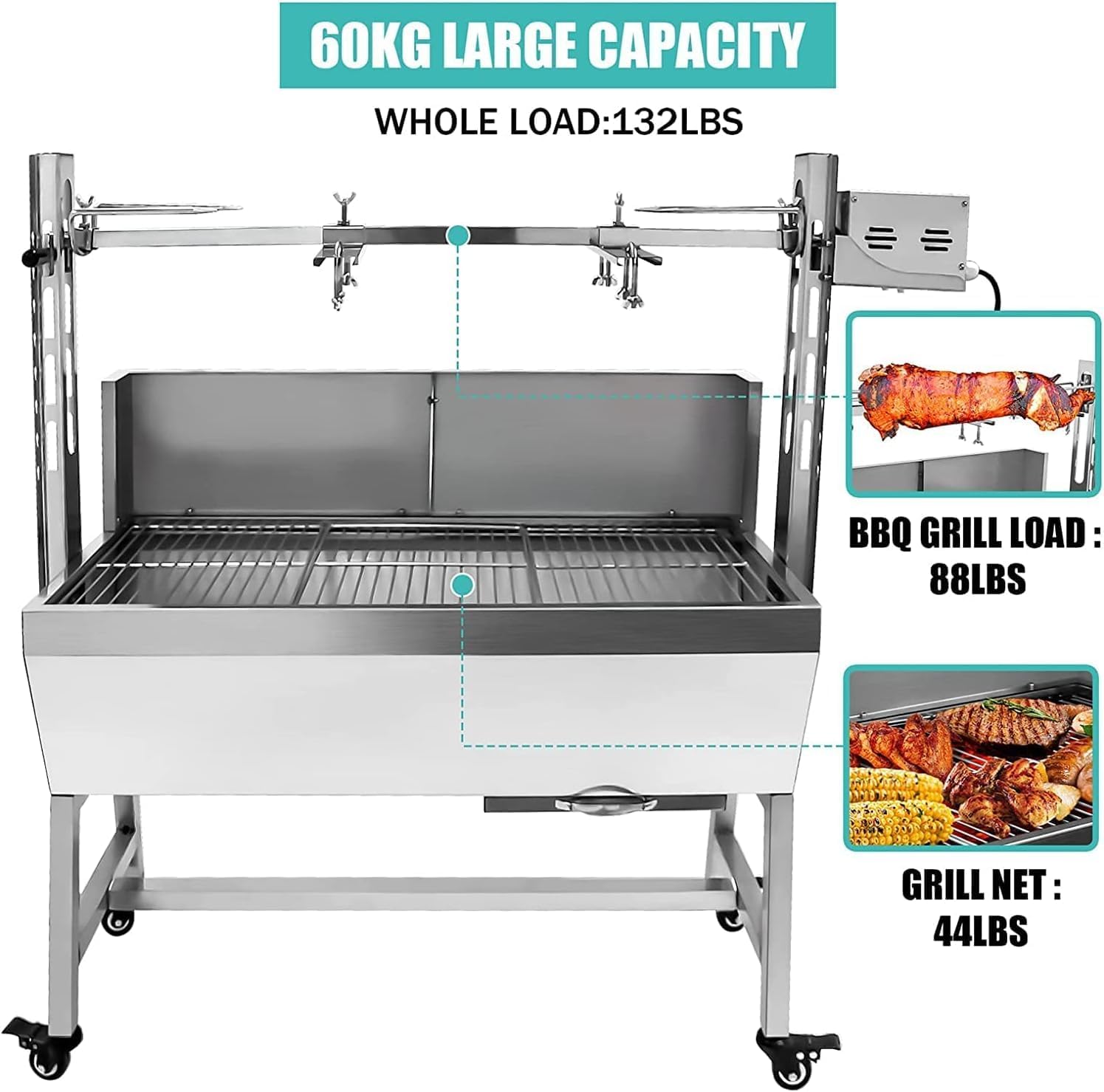Stainless Steel Rotisserie Grill with Back Cover Guard, 25W Motor Small Pig Lamb 37 Inch BBQ Charcoal Rotisserie Roaster Grill for Camping Outdoor Kitchen, 132LBS Capacity