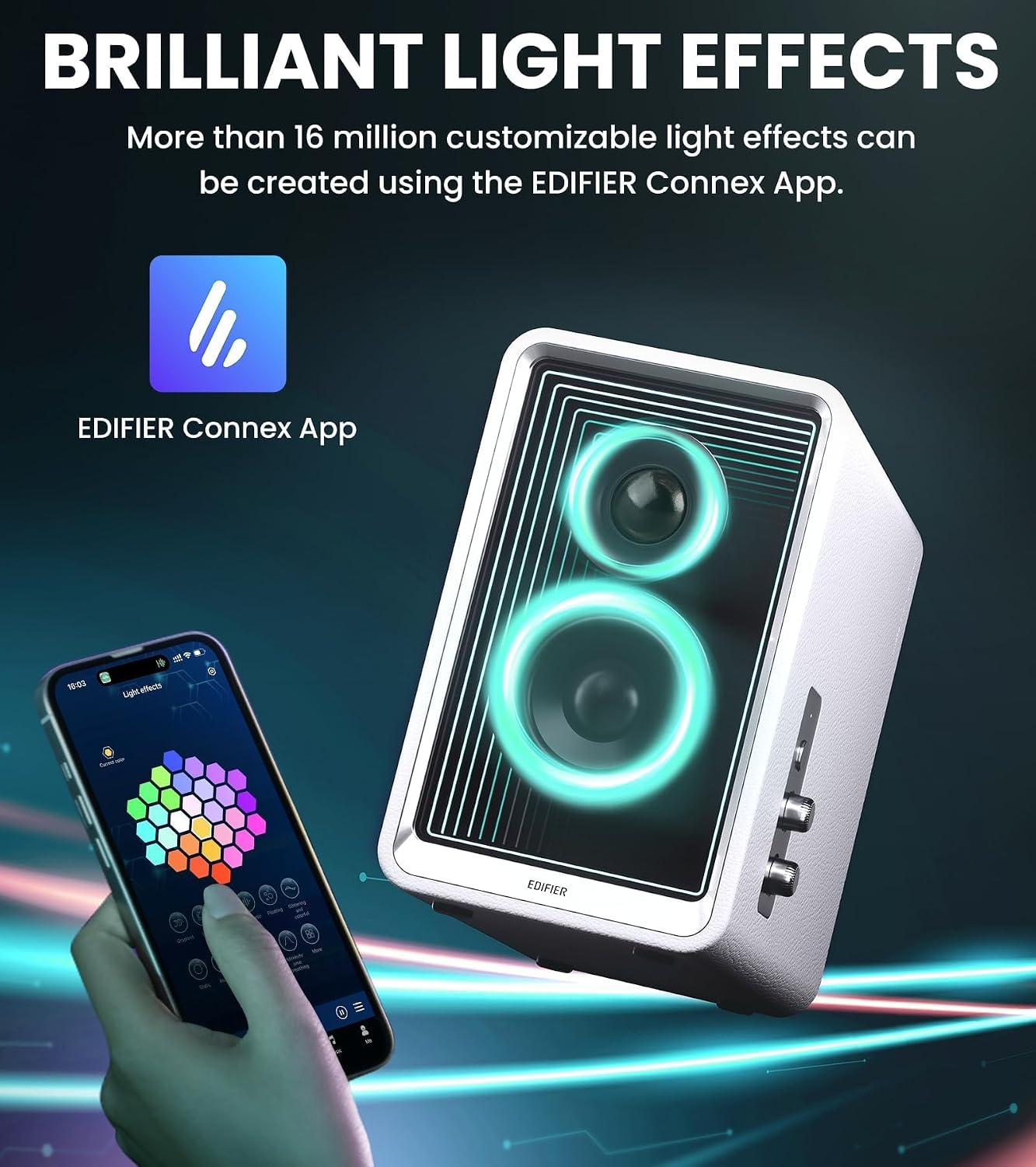 Edifier QR65 Desktop Active Monitor with 2.75' Long-Throw Aluminum Diaphragm mid-Low Drivers, Hi-Res Audio, Brilliant Light Effects, 70W Output Power Bluetooth Speakers with Stands - White
