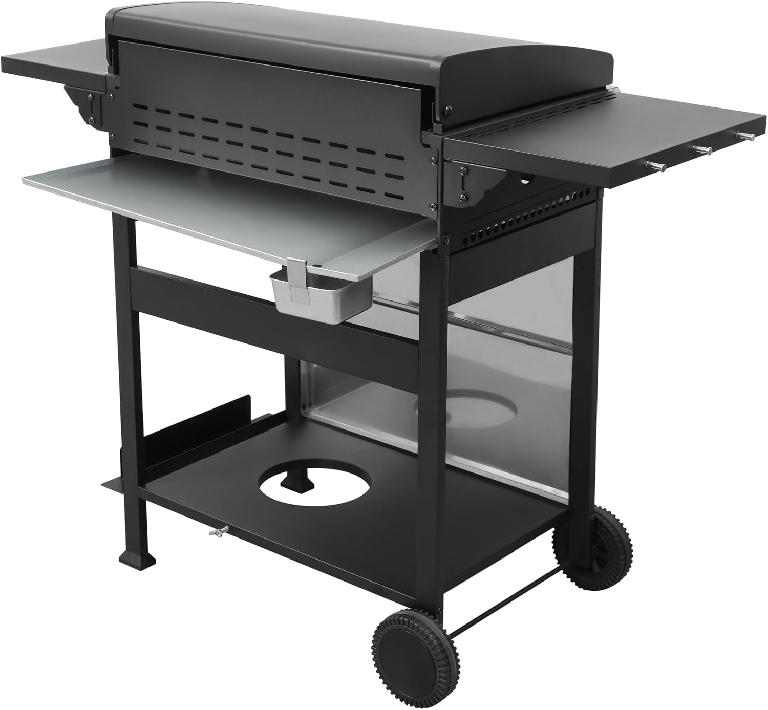 4-Burner Propane Gas BBQ Grill, SS Plancha, 49200BTU Output With Wire Enamel Cooking Grids For Outdoor Barbecue, Foldable Side Table, Hanging Basket, Stainless Steel