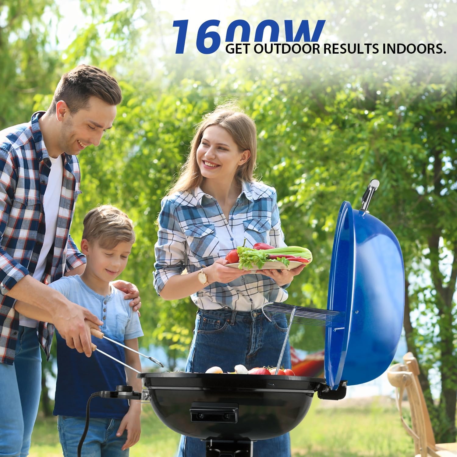 Electric Grill, Techwood Indoor/Outdoor Electric BBQ Grill, 1600W Portable Removable Stand Grill with Adjustable Heat & Drip Tray, Double Layer Design for Party, Patio & Backyard (Blue)