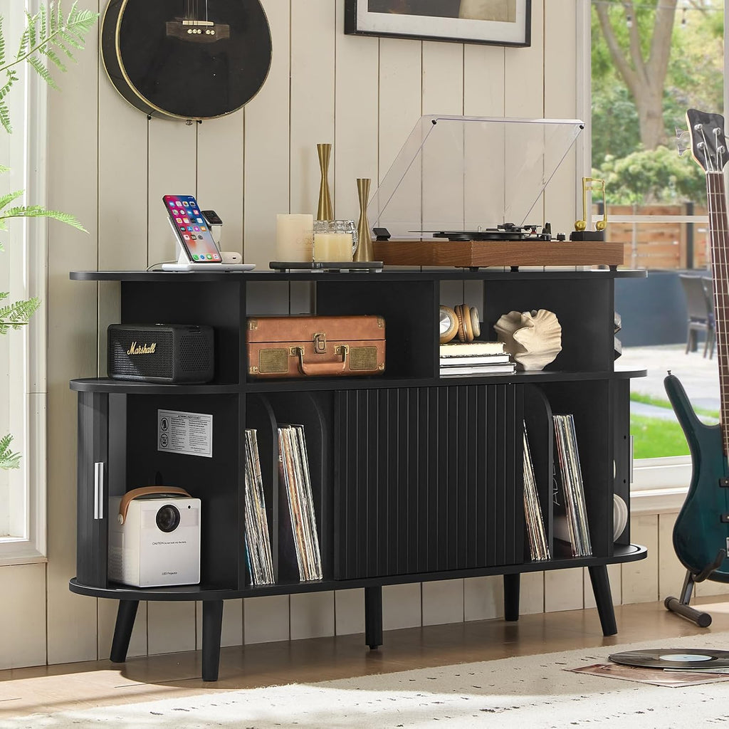 LELELINKY Extra Large Round Record Player Stand with Charging Station & Fluted Panel, Mid Century Modern Turntable Cabinet with Vinyl Storage, Arched Wood Record Player Table for Living Room,Black