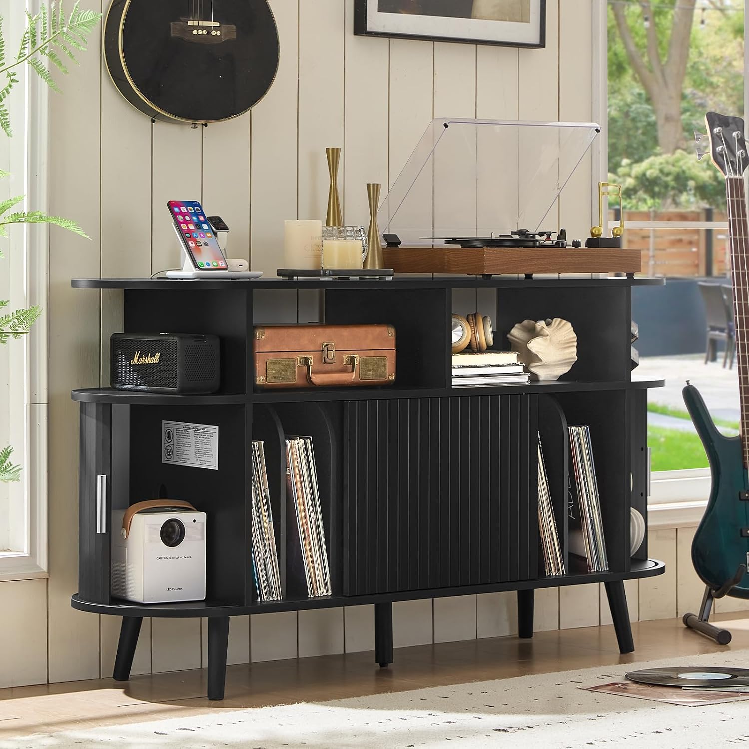 LELELINKY Extra Large Round Record Player Stand with Charging Station & Fluted Panel, Mid Century Modern Turntable Cabinet with Vinyl Storage, Arched Wood Record Player Table for Living Room,Black