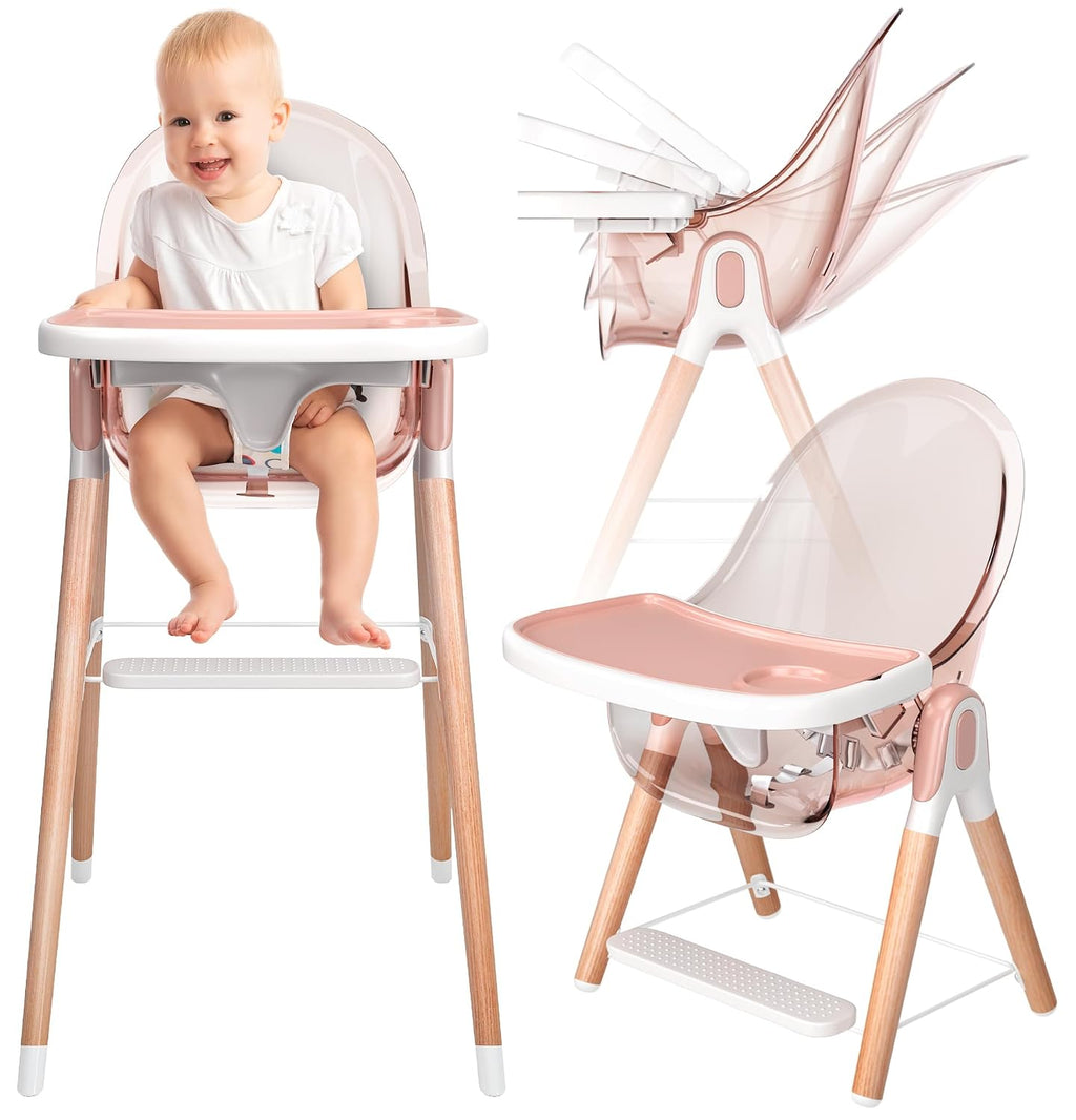 6 in 1 Deluxe Wooden High Chair for Babies & Toddlers, Modern Safe & Compact Baby Highchair, Easy to Clean & Assemble, Removable Tray, 6 Options 3 Seat Positions 2 Heights (Pink)
