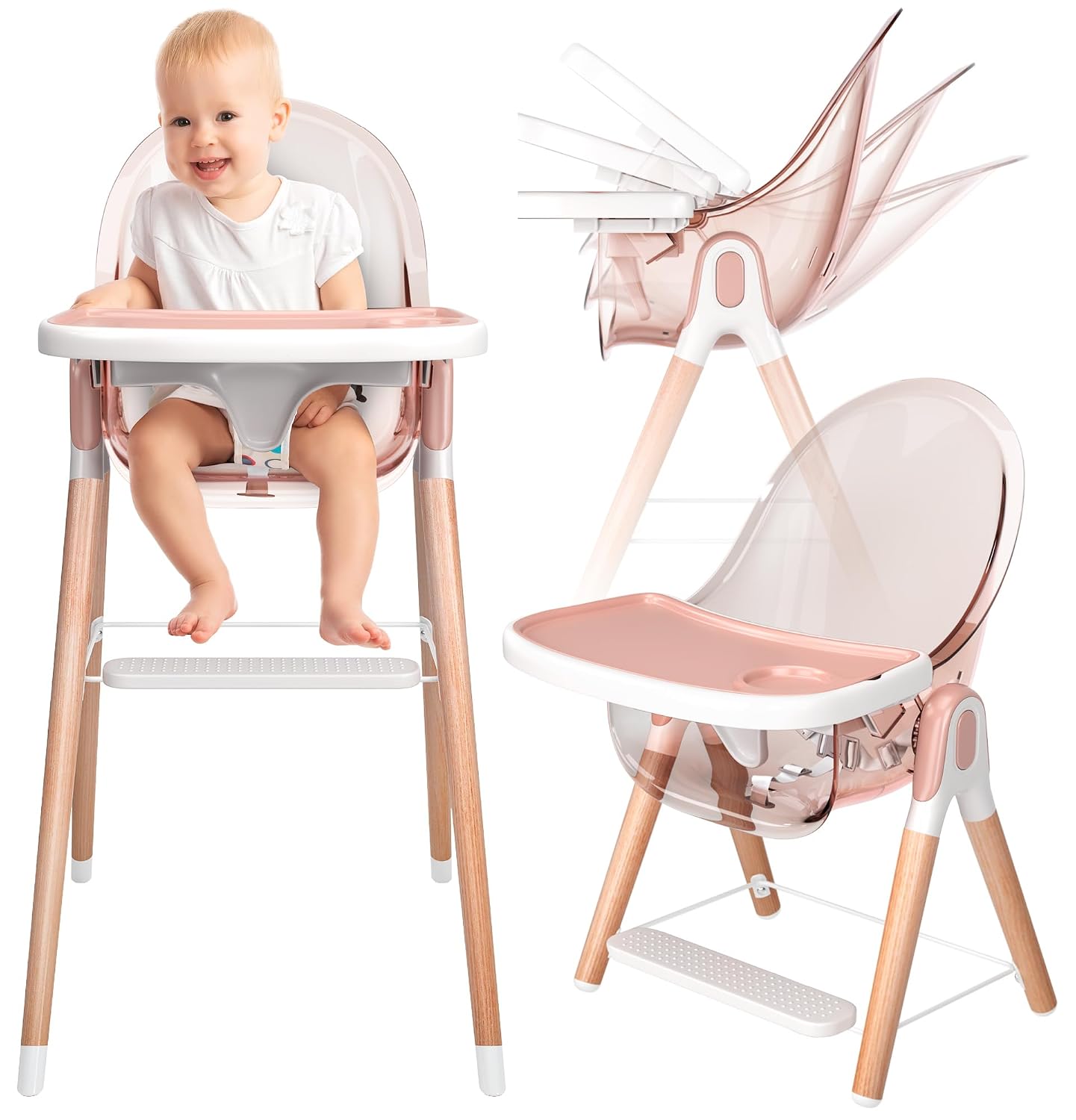 6 in 1 Deluxe Wooden High Chair for Babies & Toddlers, Modern Safe & Compact Baby Highchair, Easy to Clean & Assemble, Removable Tray, 6 Options 3 Seat Positions 2 Heights (Pink)