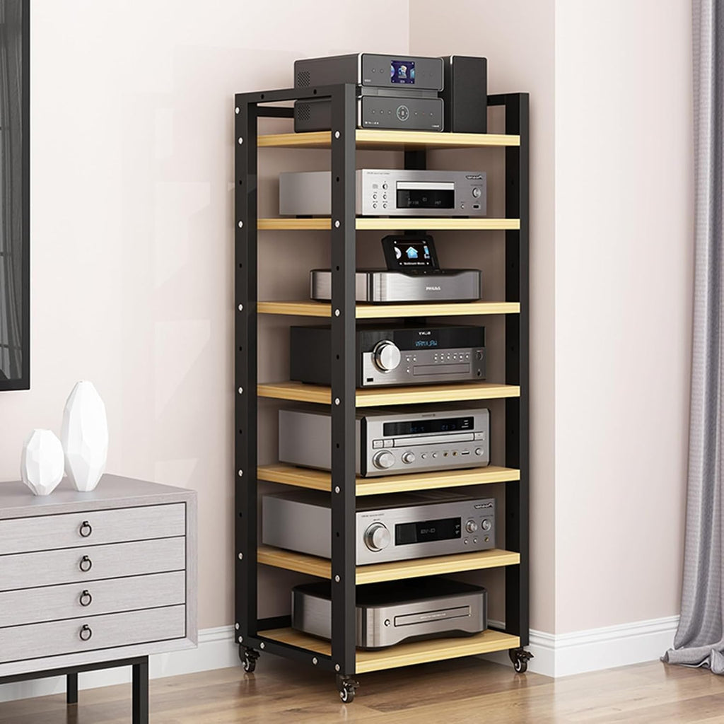 7-Tier Media Stand Entertainment Center for Audio Video Components, Stereo Equipment, Gaming Consoles, Streaming Devices, Movable Open Storage Rack with Height Adjustable Wooden Shelf (Color : C, Si