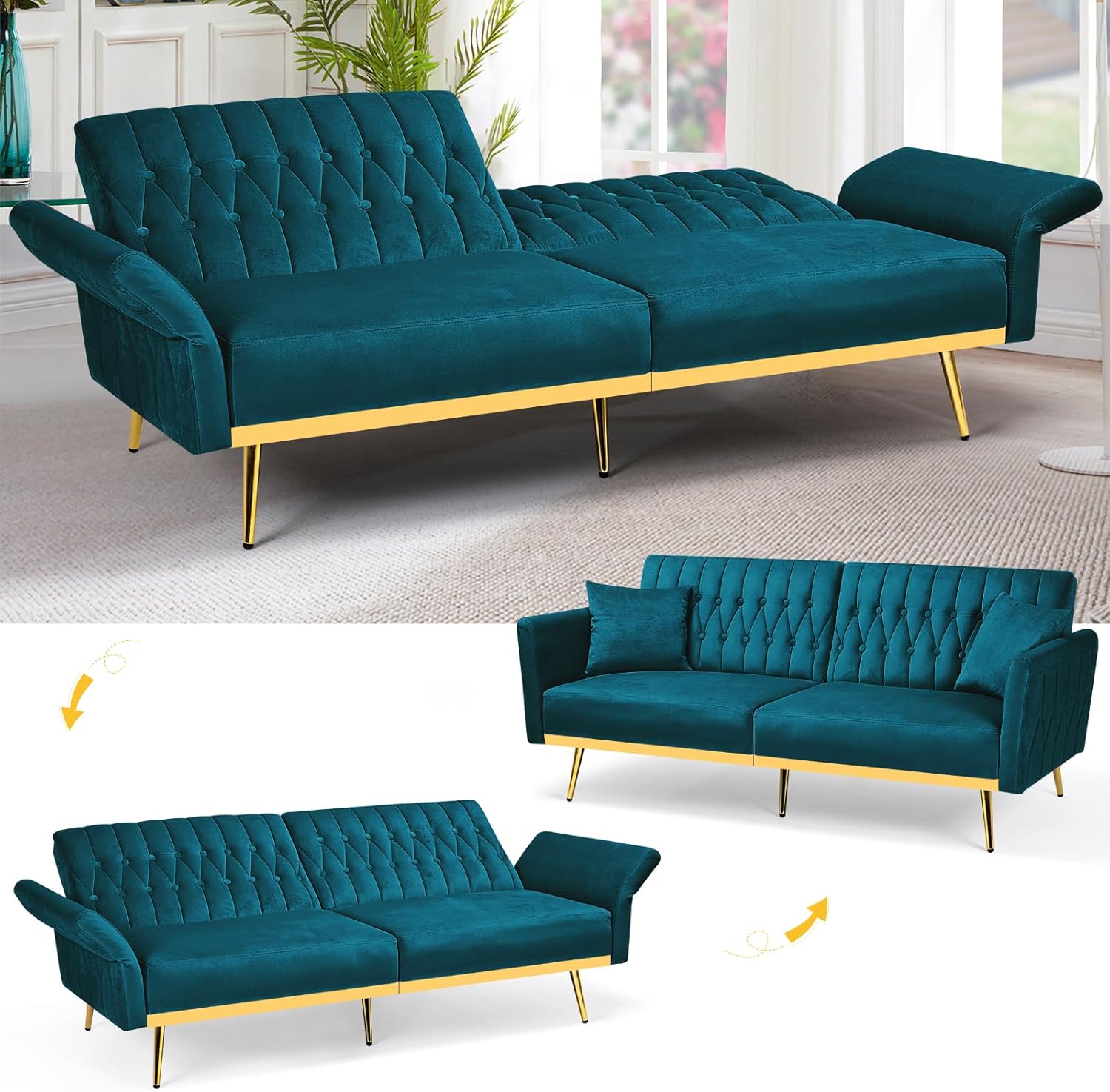 70' Velvet Futon Sofa Bed w/Adjustable Armrests and Backrest, Convertible Futon Couch w/2 Pillows, Modern Sleeper Bed for Living Room, Bedroom, Teal