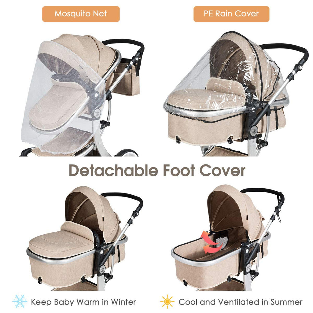 HONEY JOY Baby Stroller, High Landscape Convertible Infant Bassinet, Adjustable Canopy & Backrest, Storage Basket, Foot Cover, Foldable Newborn Carriage Pram (Beige)
