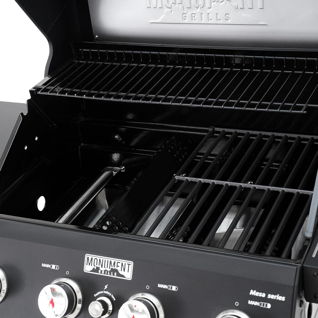Monument Grills 4-Burner Liquid Propane Gas Grill, Matte Black Stainless Steel Burner Grill with Clearview® Lid and One Foldable Shelf for Outdoor Cooking Kitchen Patio Backyard Barbecue, Mesa420MF