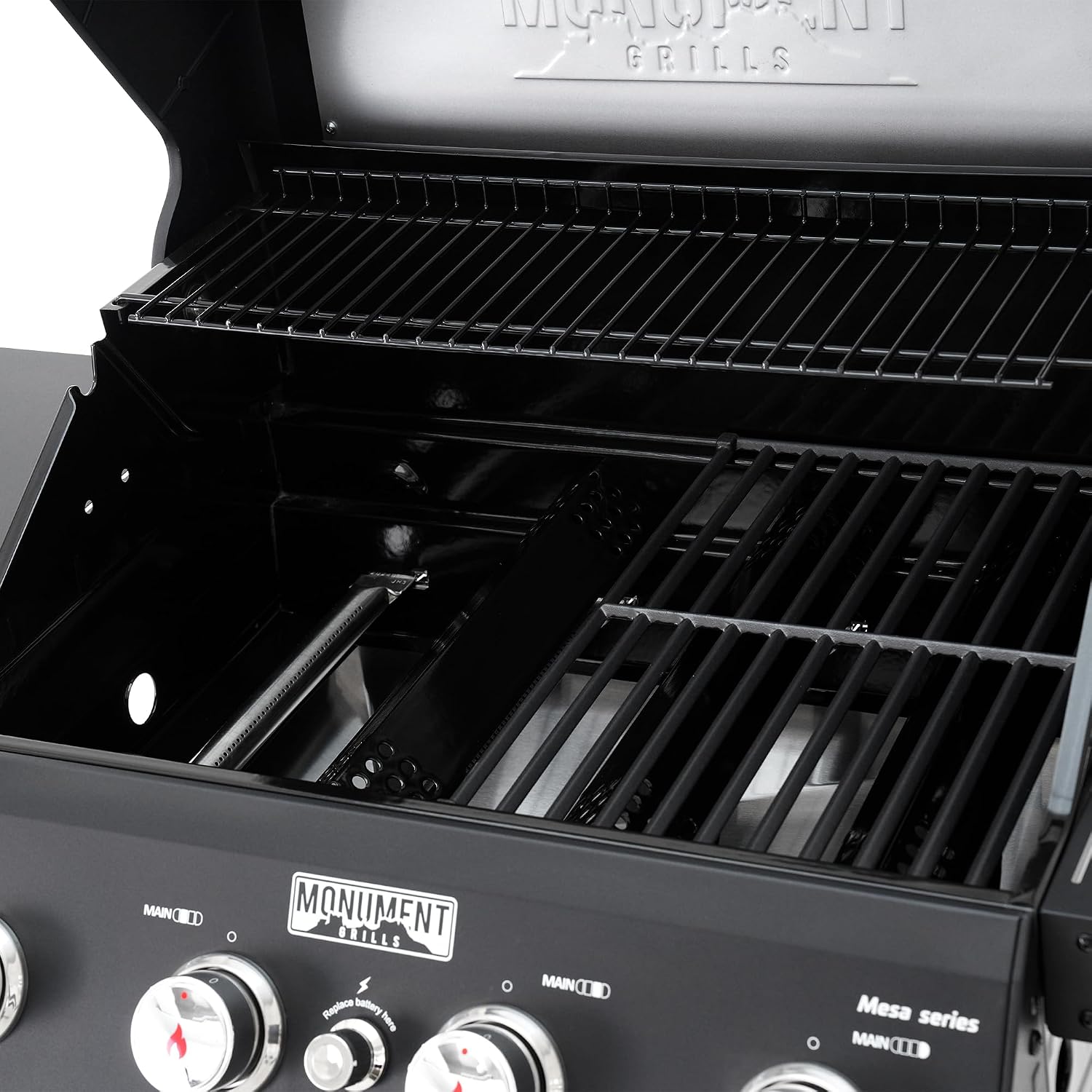 Monument Grills 4-Burner Liquid Propane Gas Grill, Matte Black Stainless Steel Burner Grill with Clearview® Lid and One Foldable Shelf for Outdoor Cooking Kitchen Patio Backyard Barbecue, Mesa420MF