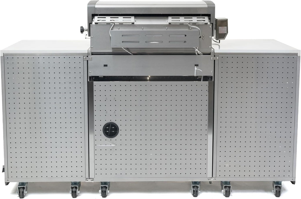 Mont Alpi Premium 70'W x 24'D Stainless Steel Compact Outdoor Kitchen Island with Refrigerator + 32'W 4-Burner BBQ Grill with Infrared Rotisserie Burner + Storage Cabinets + White Granite Countertops