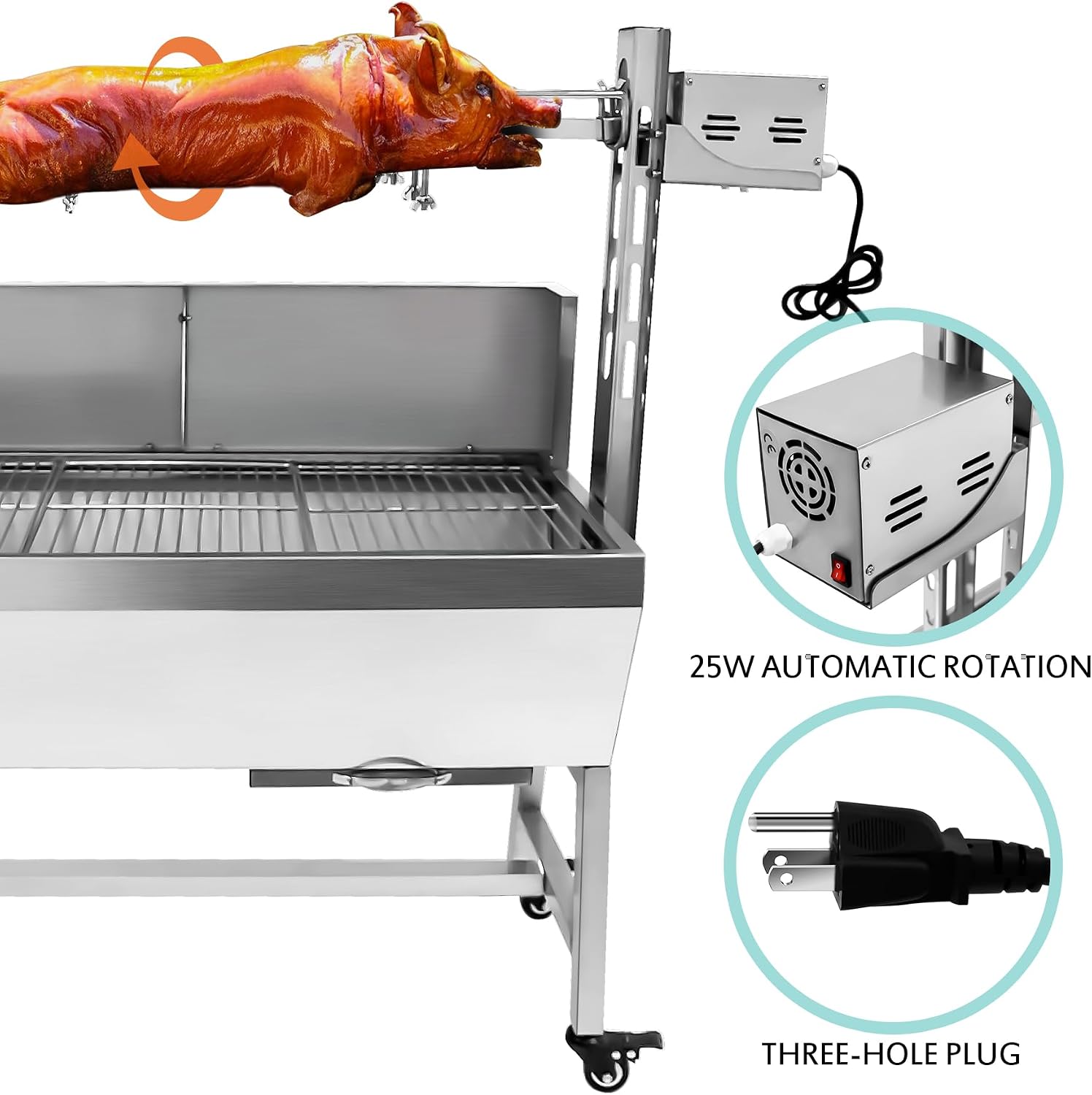 132LBS Stainless Steel Rotisserie Grill Roaster Small Pig Lamb with Back Cover Guard 25W Motor for Camping Outdoor BBQ Silver