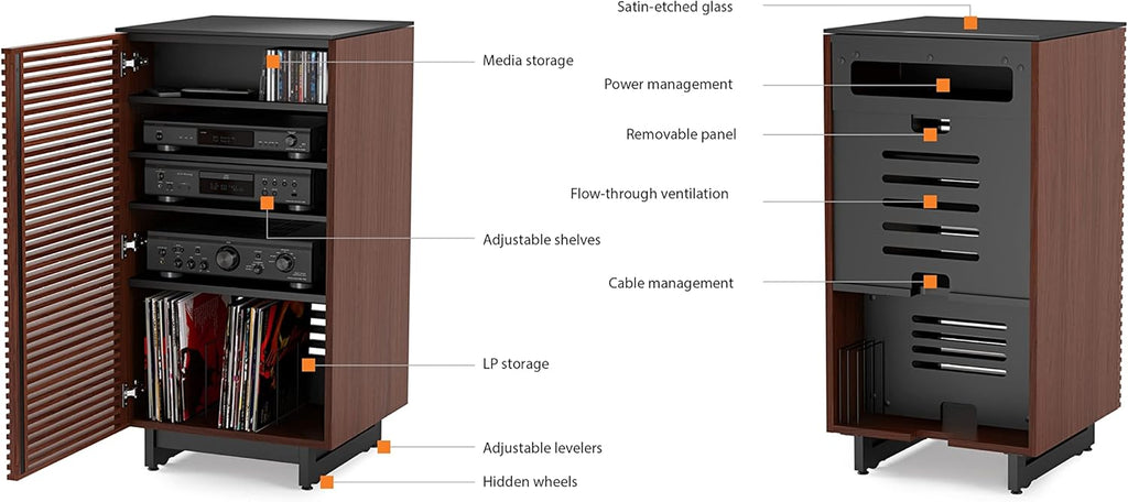 BDI Furniture Corridor 8172-22'' Audio Cabinet with Flow-Through Ventilation, Cable Management, Adjustable Shelves, Louvered Doors, Satin-Etched Tempered Glass Top, Charcoal Stained Ash