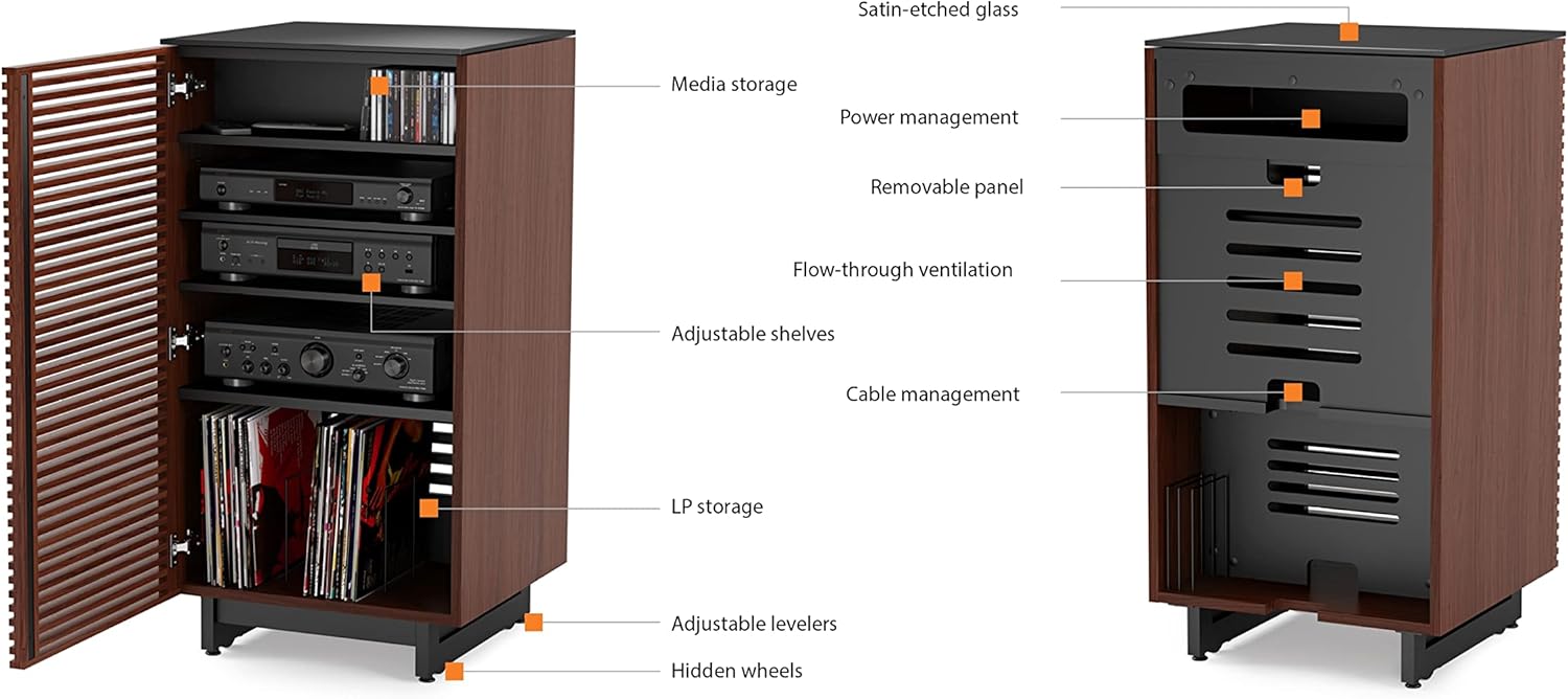 BDI Furniture Corridor 8172-22'' Audio Cabinet with Flow-Through Ventilation, Cable Management, Adjustable Shelves, Louvered Doors, Satin-Etched Tempered Glass Top, Charcoal Stained Ash