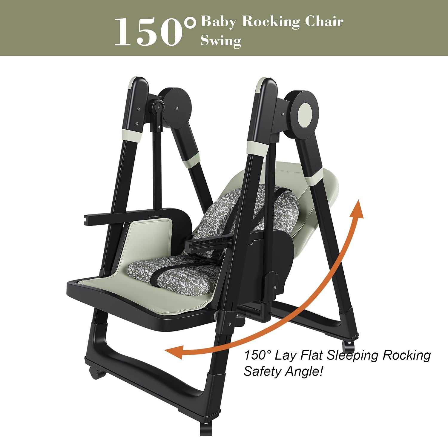 Baby High Chair Convertible to Rocker with 5-Point Harness Belt, Foldable Infant Feeding Seat with Silent Locking Wheels & Removable 2-Tier Easy-Clean Tray for 6 Months - 4 Years (Green)