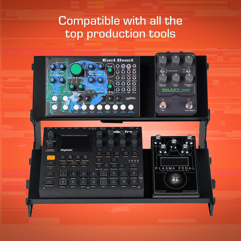 XTS Mini Duo-Flex Desktop Stand, 2 Tiers with Trays for FX Pedals / Synths / Audio Interfaces / MIDI Controllers, Holds 2-4 Pedals or Machines on Each Tier, 15.5' Width, Fits Elektron Digitakt / Digitone / Octatrack & More