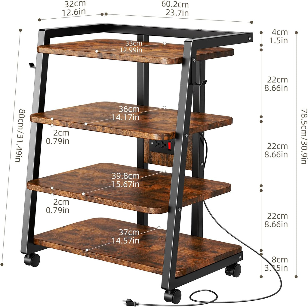 CABTE Mobile AV Media Stand with Outlets and 4 Rolling Caster Wheels, 4-Tier Rolling TV Stand for Gaming Console, Stereo, DVD Player, Sturdy Metal Frame, Versatile Living Room,Bedroom (Retro Brown)