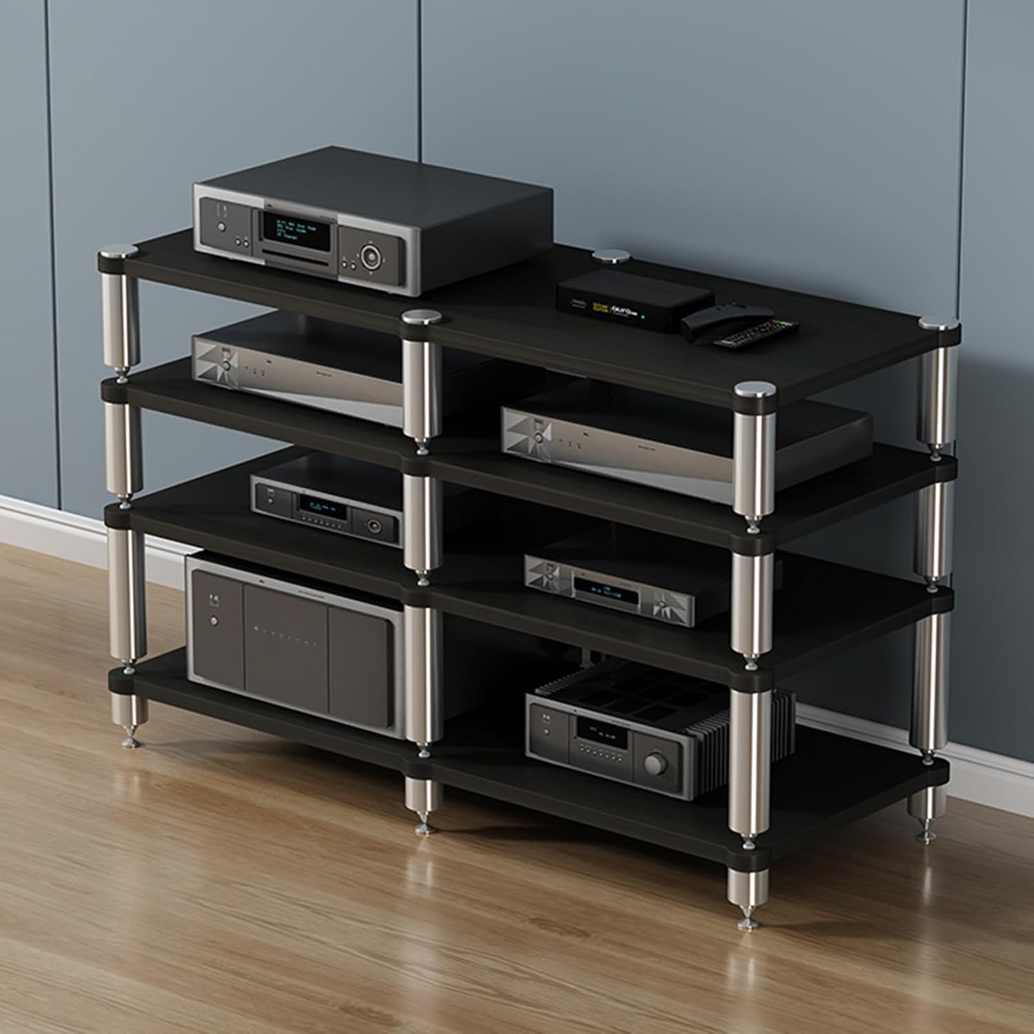 YVYKFZD 2/3/4-Tier AV Media Stand, Stand Audio Rack Corner Component Cabinet, Open Stereo Cabinet with Shock-Absorbing Feet, Power Amplifier Shelf Equipment(Size:Black 4 Tier-47.2'X18.9'X33')