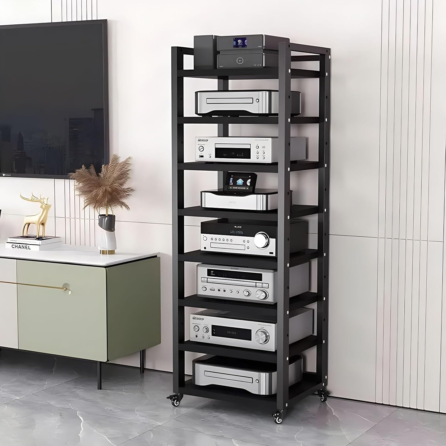 SRNSAEB Audio Equipment Rack Cabinet Media Shelf, Audio Video Media Stand Cabinet with 4 Shelves Height Adjustable Modern AV Cabinet with Brake Wheel, 160cm/ 63inch Height(8-Tier)