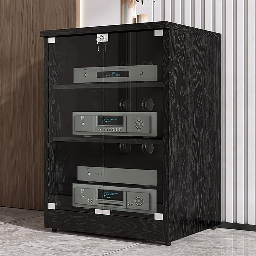 Modern Stereo Cabinet, 3-Tier Media Stand with Glass Doors, Adjustable Shelves, Cable Management, AV Storage Rack for TV, Black Wood Finish (120x48x54cm)