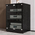 Modern Stereo Cabinet, 3-Tier Media Stand with Glass Doors, Adjustable Shelves, Cable Management, AV Storage Rack for TV, Black Wood Finish (120x48x54cm)