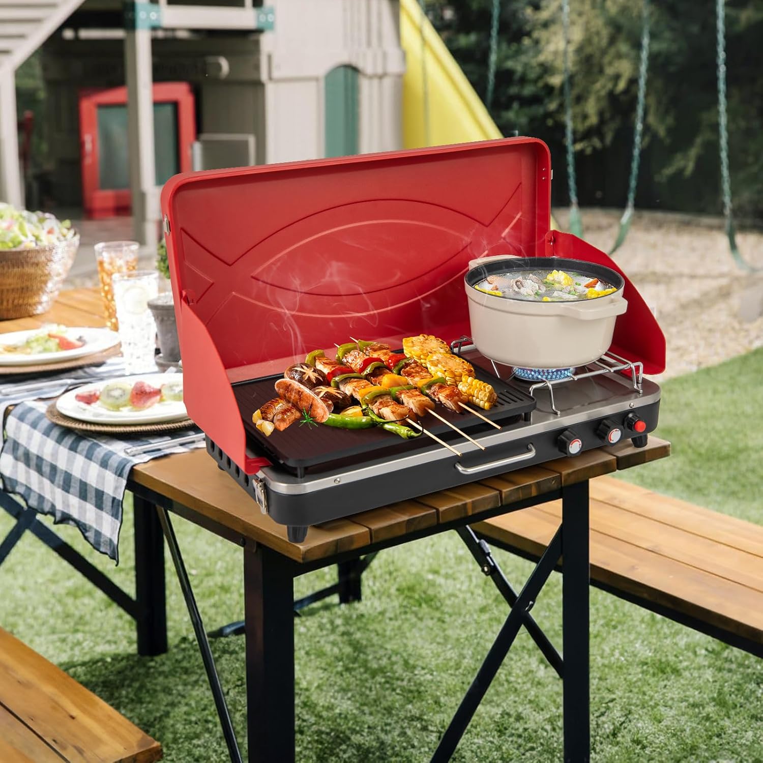 Giantex Portable Propane Grill & Camping Stove, 20,000 BTU Gas Camping Grill Burner, Independent Temperature Control, 3-Sided Wind Guard, Detachable Legs, for BBQ, Tailgating, Outdoor Cooking (Red)
