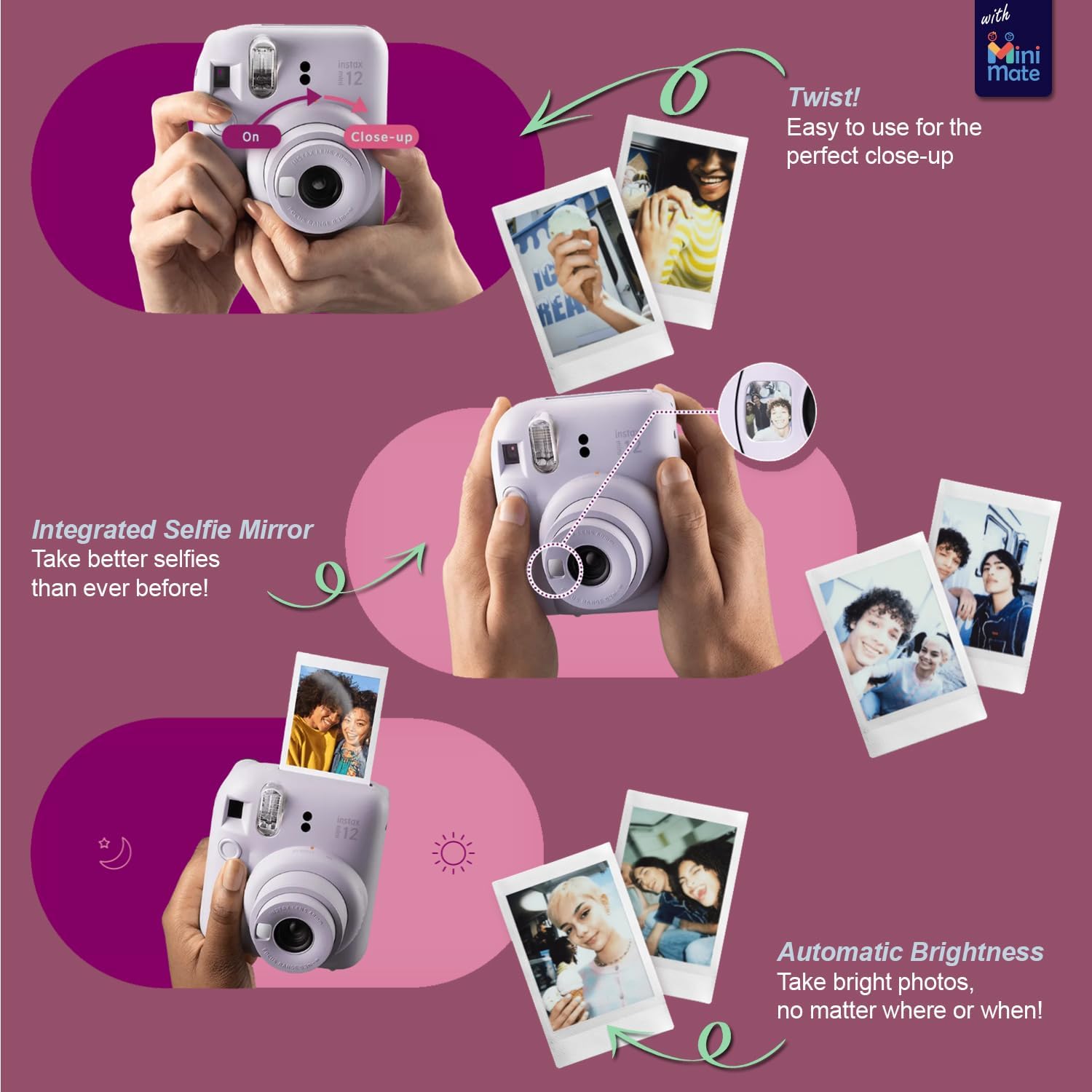 Fujifilm Instax Mini 12 Instant Camera + MiniMate Accessory Bundle & Compatible Custom Case + Fuji Instax Film Value Pack (50 Sheets) Flamingo Designer Photo Album (Lilac Purple)