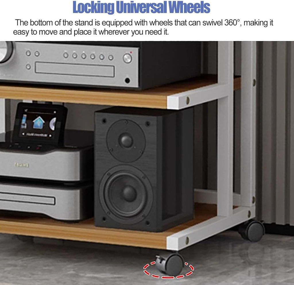 Audio Rack Av Tower Media Stand 5-Tier Electronics Equipment Shelf, Heavy Duty 106cm Tall Mobile Stereo Racks Cart on Wheels, Floor-Standing Commercial Home Media Stand, Natural