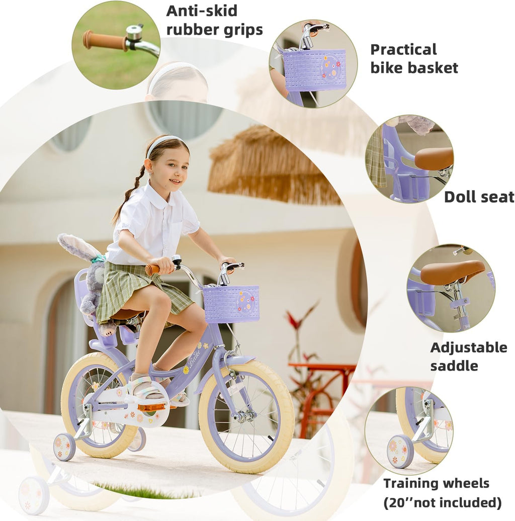 Bixike Girls Bike with Basket for Toddlers and Kids Aged 3-14 Years Old, 12 14 16 18 Inch with Training Wheels & Doll Seat, 20 Inch with Kickstand & Rear Rack, Princess Style Bicycle for Gift.