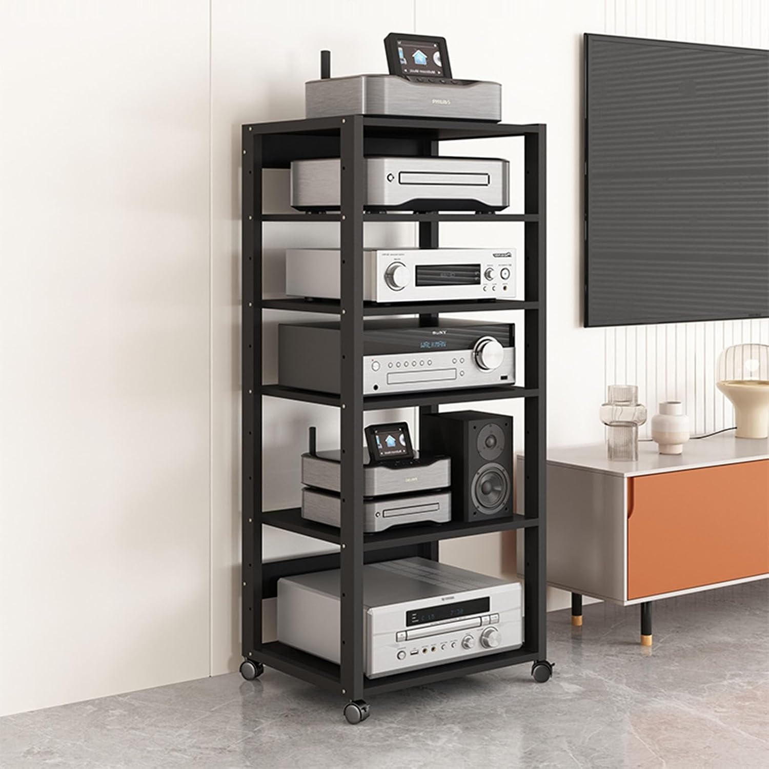 SOBS 5/6/7-Tier AV Media Stand Audio Rack CD Player Stand Stereo Component Storage Cabinet with Height Adjustable Wooden Shelf for Home/Office/Theater, 50x40x131cm (Color : 6 Tier)