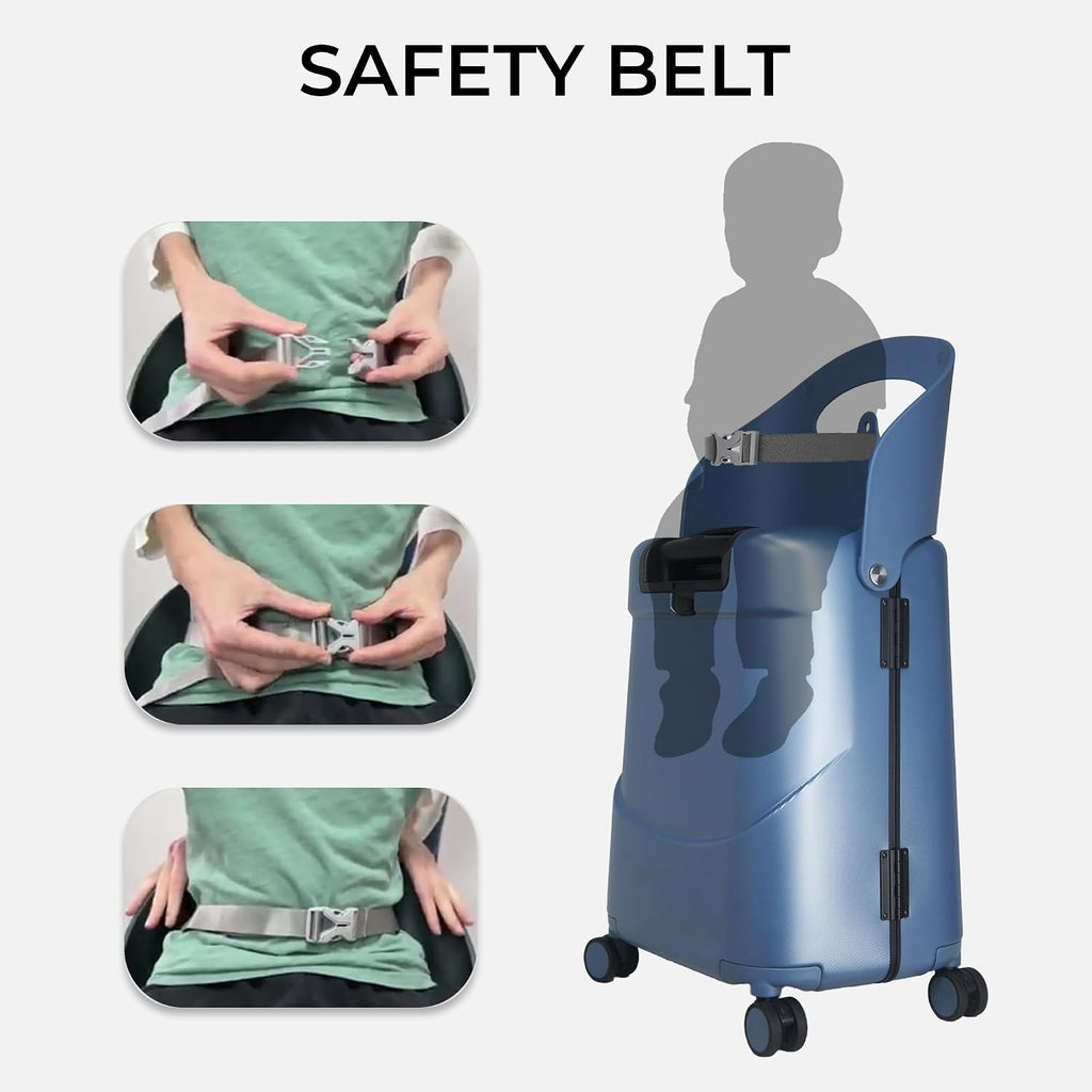 MiaMily Kids Ride-On Carry-On Suitcase with Foldable Seat, Safety Belt, TSA Lock, 4 Double Spinner Wheels, Hard Shell Cabin Luggage, 43L, Slate Blue