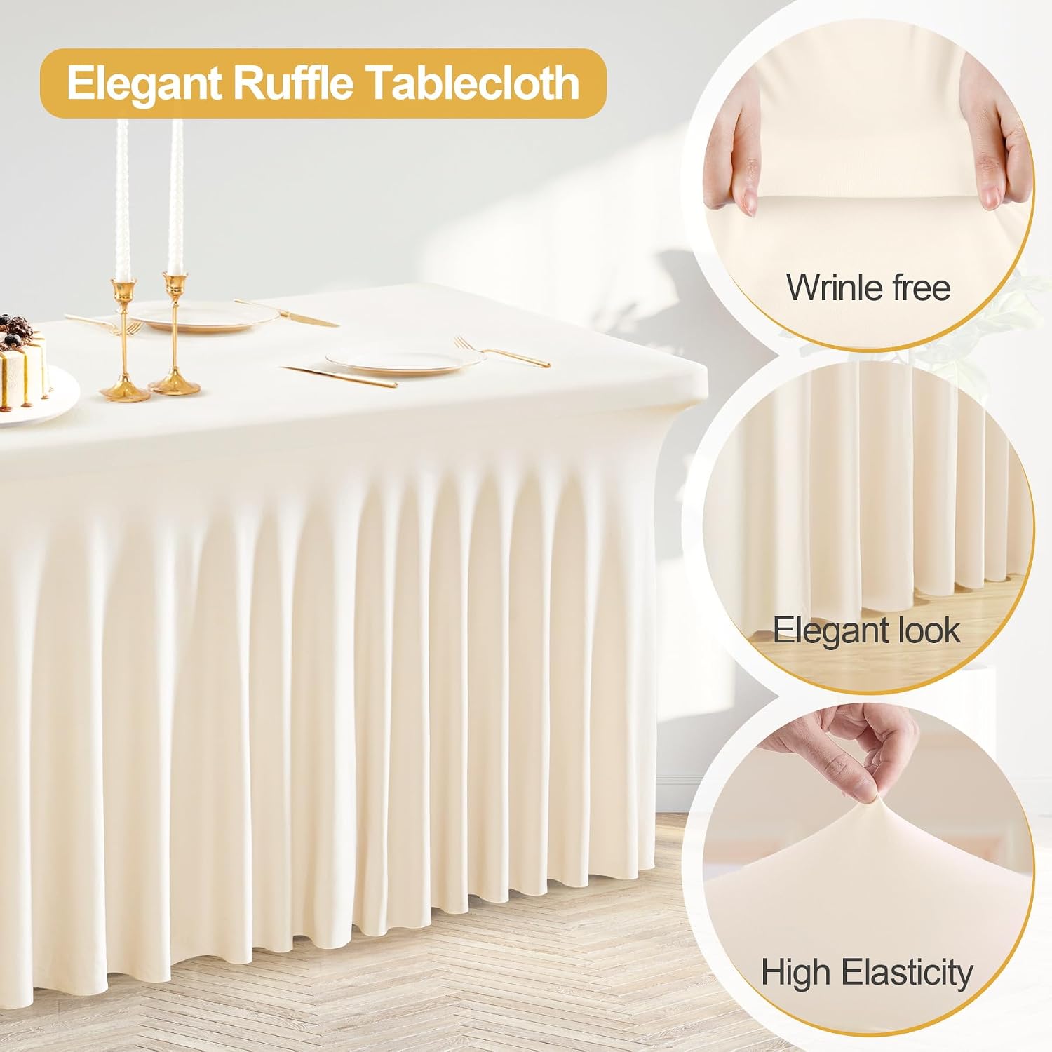 PARTISKY 6 Pack Ivory Spandex Table Cloths for Rectangle Tables 8ft, Ivory Table Skirt for Party, Table Cover with Skirt for Wedding Folding Table Banquet Baby Shower & Birthday Parties