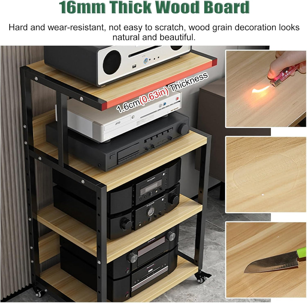Home Stereo Rack Cabinet, 3 Layer Portable Rolling Vertical Audio-Video Media Equipment Amplifier Stand Shelf, for Office/Hotel/Coffee Shop/Game Room Storage(Walnut Color)