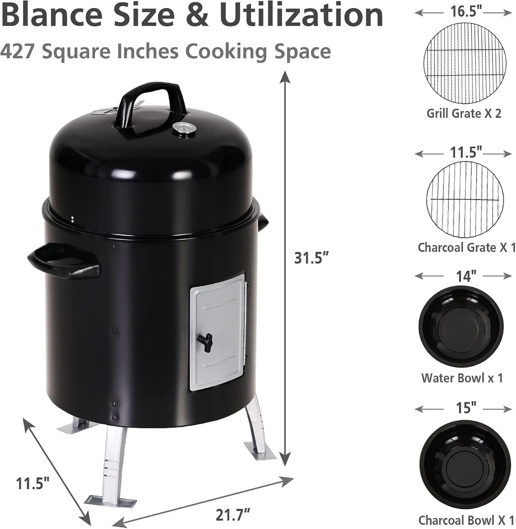 Sophia & William 17' Vertical Charcoal Smoker Grills with Two-Tier Grates, Heavy-Duty Integral Chamber and Tunnel Ventilation System for BBQ, Patio, Outdoor Camping(Black)