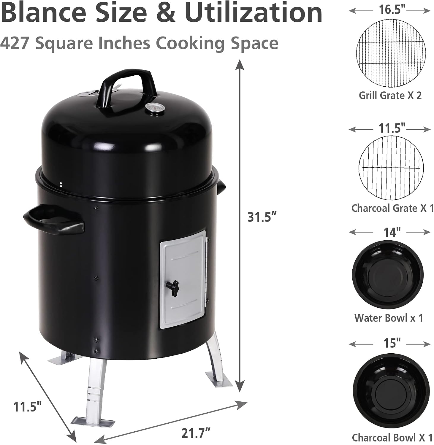 Sophia & William 17' Vertical Charcoal Smoker Grills with Two-Tier Grates, Heavy-Duty Integral Chamber and Tunnel Ventilation System for BBQ, Patio, Outdoor Camping(Black)