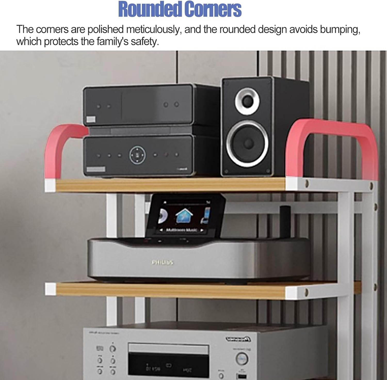 Audio Rack Av Tower Media Stand 5-Tier Electronics Equipment Shelf, Heavy Duty 106cm Tall Mobile Stereo Racks Cart on Wheels, Floor-Standing Commercial Home Media Stand, Natural